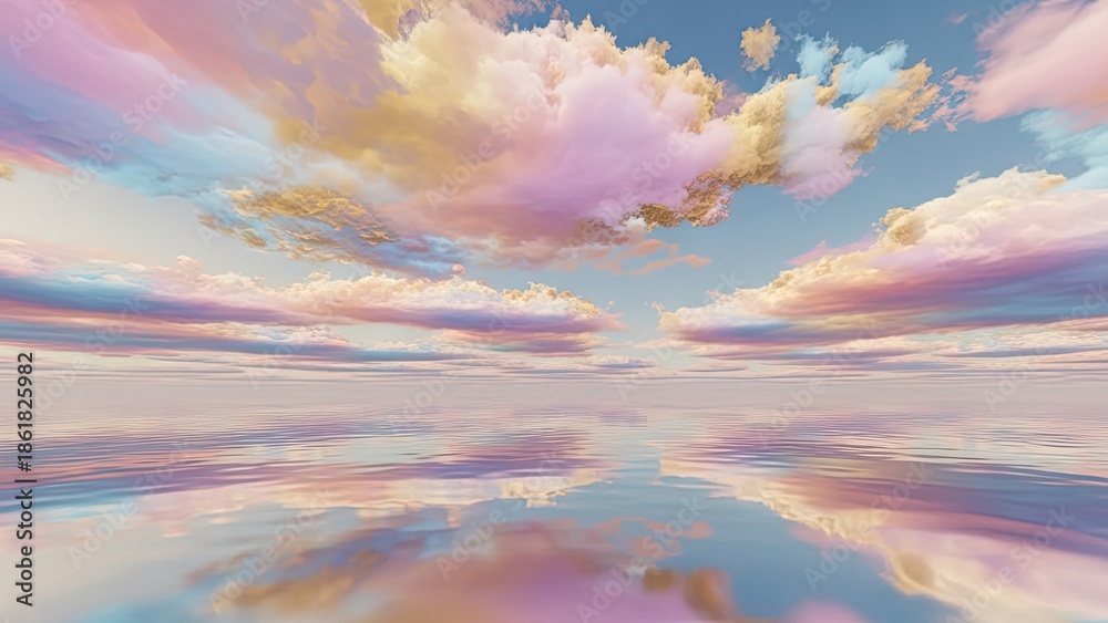 Obraz premium Serene pastel-colored sky with dramatic cloud formations reflected on tranquil water surface at
