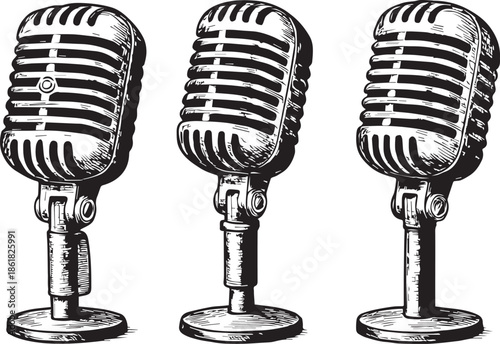 Vintage Retro Microphones Set in Black and White Illustration
