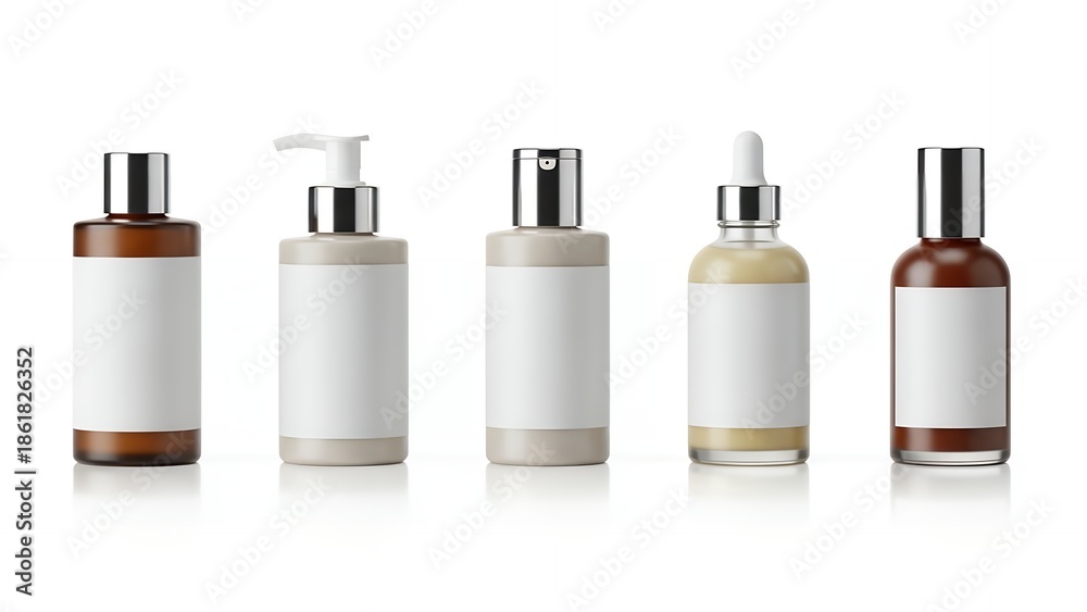 Fototapeta premium Beauty Product Bottles and Jars with Blank Labels on White Background