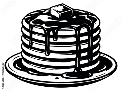 Hand drawn line art illustration of a stack of pancakes depicting dripping syrup and a pat of butter for breakfast and dessert themes