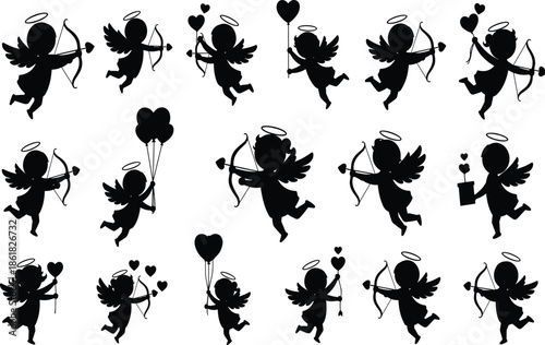 Cupid angel silhouette icon set with flying cherubs bows arrows hearts for Valentine romance mythology design illustration collection