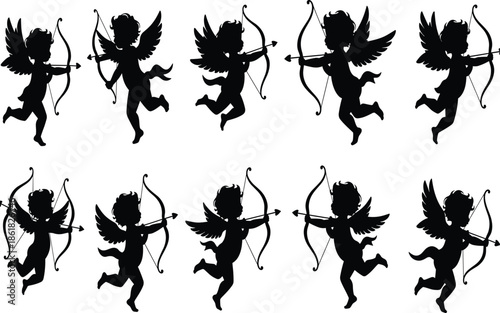 Cupid angel silhouette set with bow and arrow poses symbolizing love romance valentine mythology illustration collection black design