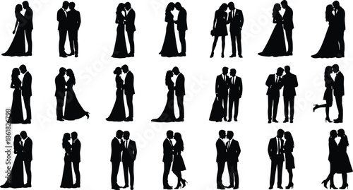 Romantic couple silhouette collection with elegant wedding and dating poses symbolizing love relationship valentine celebration illustration set