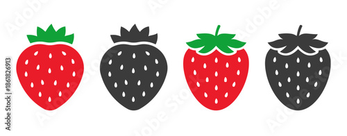 Set of colorful vector icons depicting fresh sweet strawberries with green leaves on white background