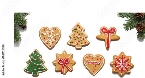Collection of Festive Christmas Gingerbread Cookies with Colorful Icing and Pine Branch Decorations