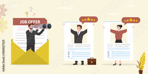 Applicants, qualified employees holds an excellent resumes. Good portfolio for hiring. HR agent with job offer looking new staff. Business people in search for job,