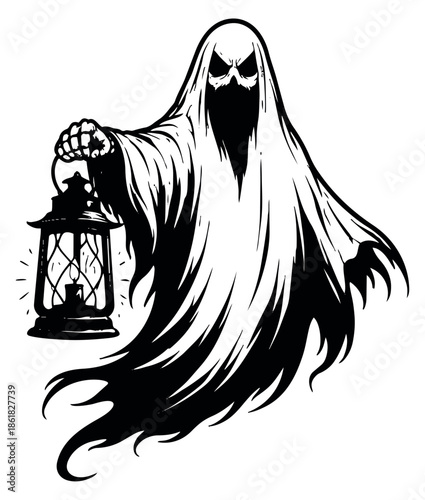 Hand drawn illustration of a spooky ghost depicting it holding an old lantern for Halloween celebrations