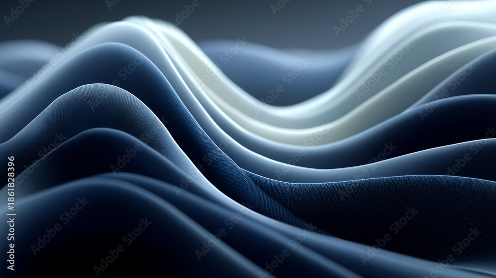 Obraz premium Abstract Blue Wave Stripe Pattern on Dark Background, Curved Paper Strips Creating Fluid Motion, Modern Design for Web Banner or Presentation Background