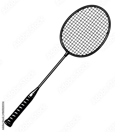 Hand drawn line art illustration of a badminton racket depicting sports equipment for athletic activities
