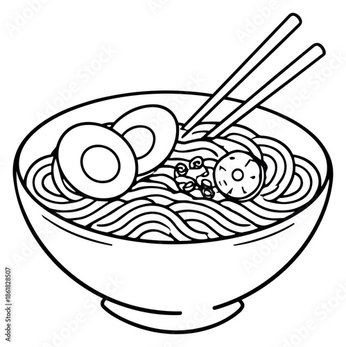 Hand drawn line art illustration of a ramen bowl depicting noodles, eggs, and chopsticks for an Asian cuisine menu