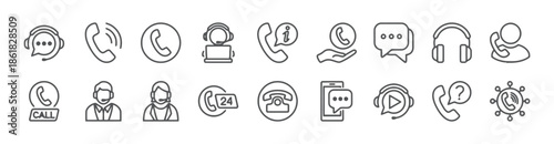 Set of Contact Center Icons in Line Style Isolated on White Background Customer Service Support Call Helpdesk Operator Headset Telephone and Communication Vector Illustration