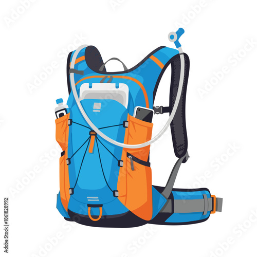 Illustrated blue and orange backpack with hydration system, phone and water bottle