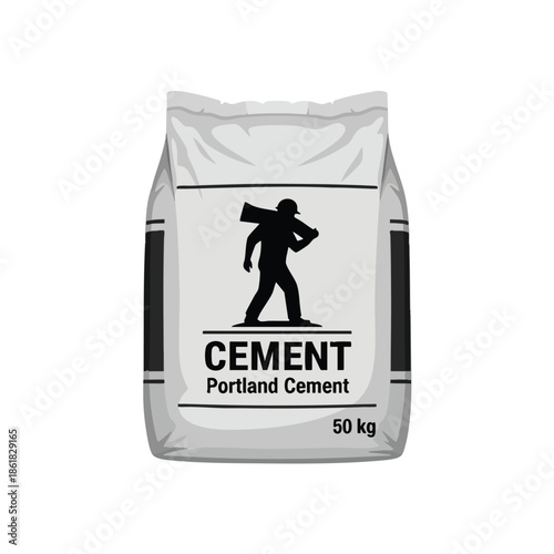 Vector illustration of a cement bag with an image of a worker, and the words "cement