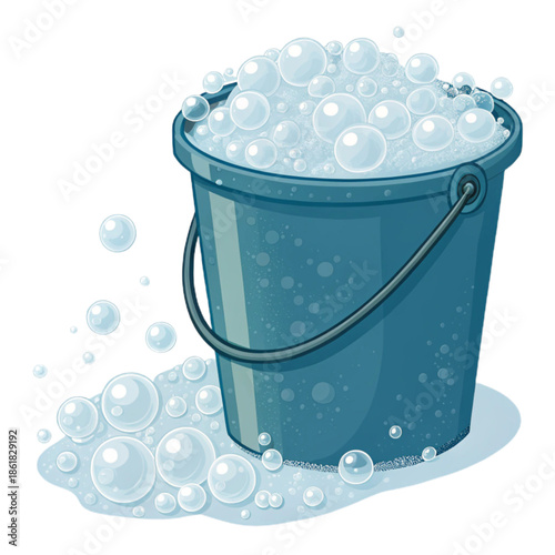 A playful scene of a rubber bucket overflowing with soap suds and bubbles, conveying a sense of fun and messy cleanliness.