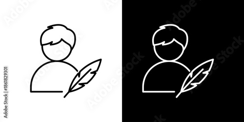 Outline icon of a person with a feather pen, representing writing or creativity