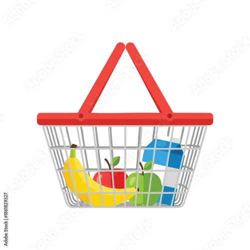 A shopping basket filled with a banana, apples, and a carton of juice