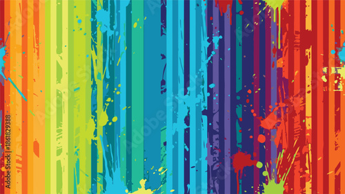 Bright colorful background with vertical rainbow stripes and paint splatter
