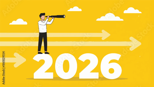 Business vision 2026: Man with telescope looking ahead at future goals and progress