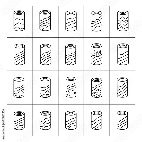 Illustration of various cylindrical objects with different patterns and textures in a grid layout