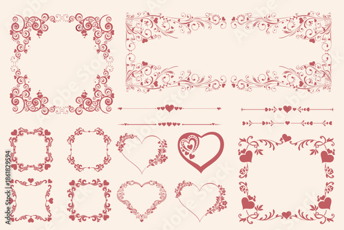 Hearts set for wedding and valentine design. Collection heartsframe. Ornamental Frame Design Retro Aesthetic Border. I love you! Valentine's Celebration background with hearts and place for your text.