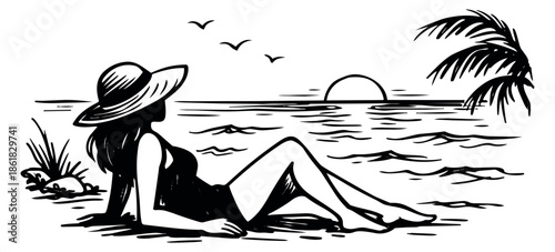 Hand drawn line art illustration of a woman relaxing on the beach at sunset for summer vacation