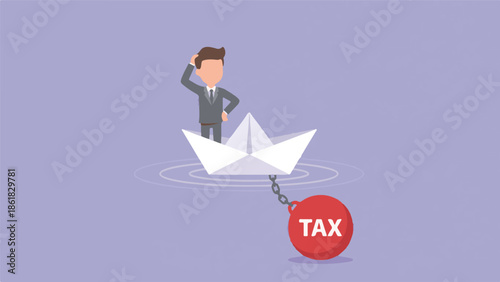 Businessman in paper boat pulled down by heavy tax burden concept.