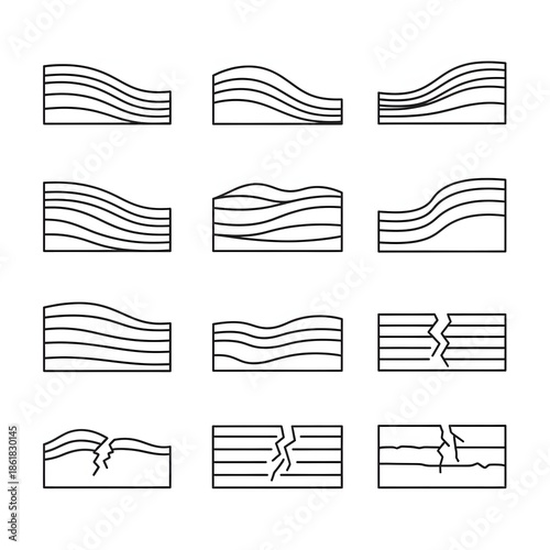 Geological formations illustrated in a series of simple diagrams showcasing various types of rock layers and fractures.