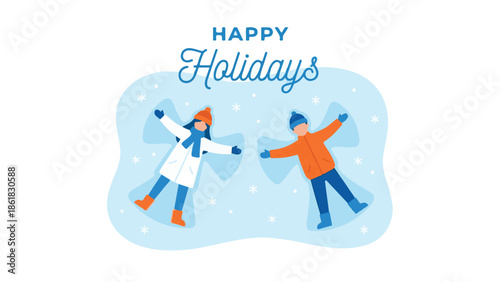 Happy Holidays vector illustration with kids making snow angels in snow