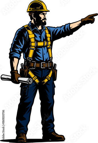 A bearded construction worker in a hard hat and safety harness holds blueprints and points forward, indicating direction or instruction.