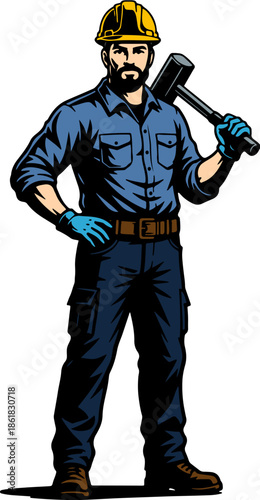 A strong bearded construction worker or handyman in a hard hat and work clothes, confidently holding a sledgehammer over his shoulder. This graphic illustration depicts a skilled professional.