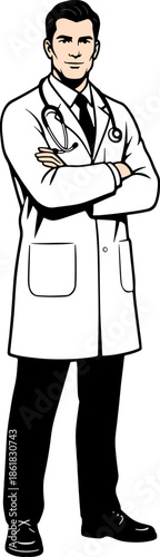A confident male doctor in a lab coat with a stethoscope, arms crossed, standing. Professional healthcare worker illustration ready to assist.