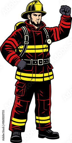 A determined firefighter in full protective gear, including a yellow helmet and red and black uniform, raises his fist in a powerful, heroic pose. Vector illustration.