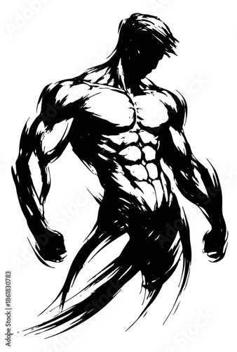 Ink brush illustration of a muscular man depicting a powerful physique for fitness and health concepts