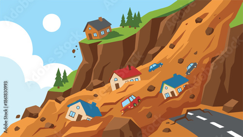 Landslide disaster with houses and cars tumbling down a collapsing hill