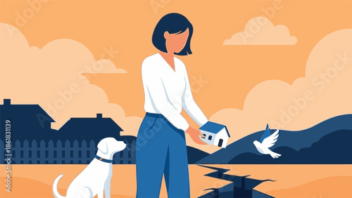 Woman with dog holding a house over cracked earth, symbolizing displacement