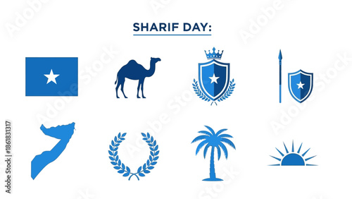 Blue icons related to Somalia flag camel shields map wreath palm sun