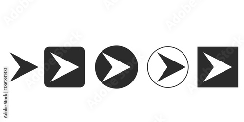 Five geometric arrow icon set for web navigation and app interfaces | Vector play button symbol collection in black and white | Modern forward and next multimedia controls | UI design elements bundle