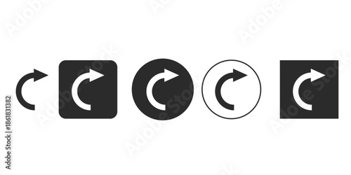 Set of five curved arrow icons for UI design | Vector graphic symbol for redo or reply action button | Universal digital symbol for turning and direction | Black and white rightward curved arrow
