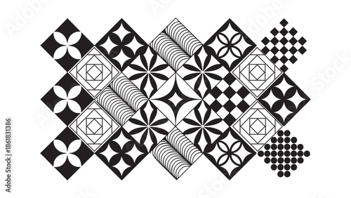Abstract monochromatic geometric pattern design showcasing floral stars and optical illusion shapes within diamond tiles, perfect for retro fabric prints, minimalist wrapping paper, and decorative vec