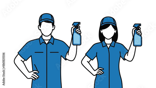 Two janitors in blue uniforms holding cleaning supplies in a simple illustration