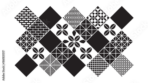 Eclectic black and white pattern set showcasing hand-drawn swirls, fish scale textures, and checkered grids within diamond tiles for creative scrapbooking and boho textile backgrounds.