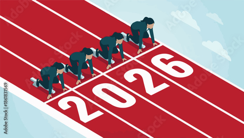 Businesswomen at starting line of 2026 race, symbolizing future goals