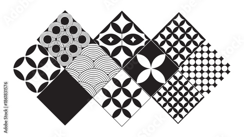 Modern abstract geometric pattern with contrasting striped triangles and solid shapes forming a structured diamond grid, ideal for corporate branding, minimalist packaging, and tech backgrounds.