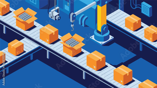 Isometric industrial automation with robot arm, conveyor belts, and packages