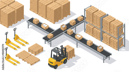 Isometric warehouse logistics with boxes, conveyor belts, and forklifts
