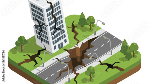 Isometric view of earthquake damage to city building and infrastructure