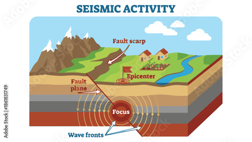 Seismic Activity Diagram Explaining Earthquake Focus, Epicenter, and Fault