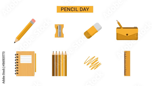 Yellow and brown school supplies arranged for Pencil Day celebration