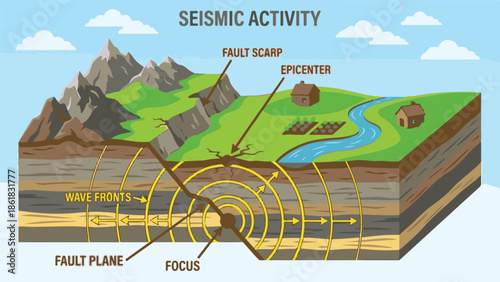 Seismic Activity Diagram Showing Earthquake Focus, Epicenter, and Fault