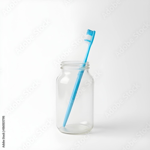 A toothbrush is standing in the empty glass jar, which is an example of reusing a recyclable object.